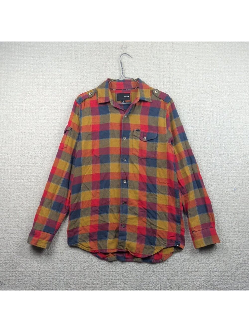 Y2K Hurley Red / Yellow Plaid Flannel Button Up Shirt Skater Surfer Lumberjack S